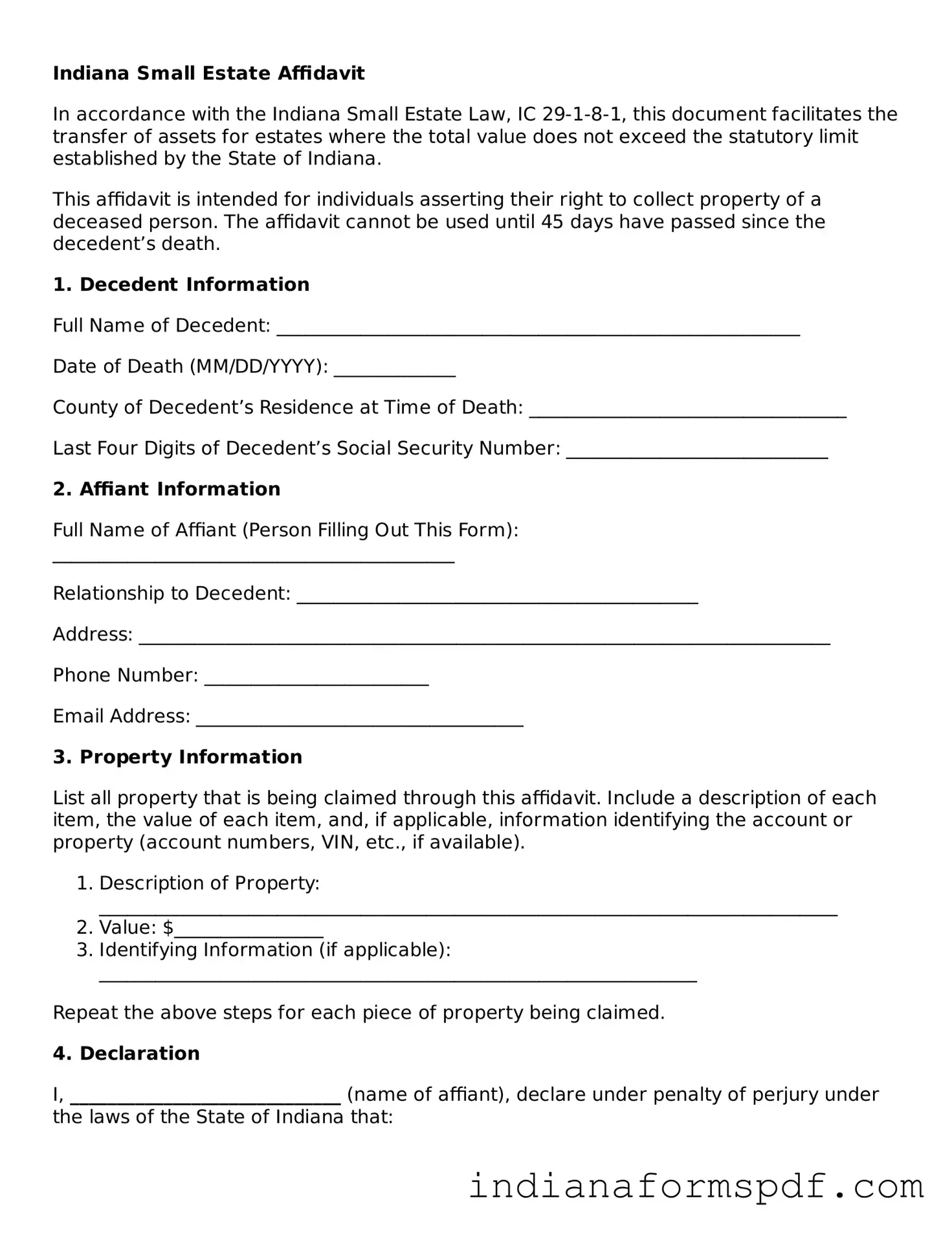Official Indiana Small Estate Affidavit Template