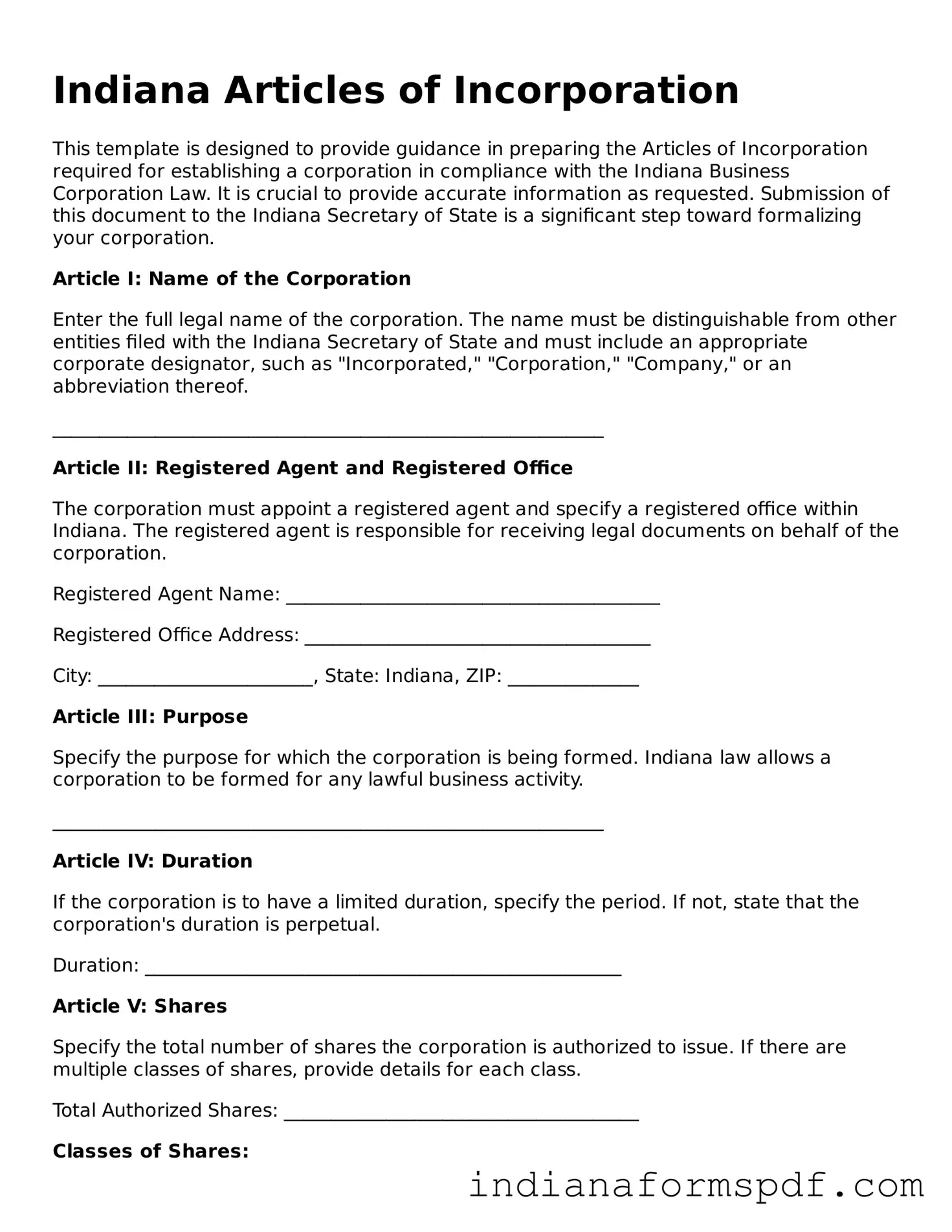 Official Indiana Articles of Incorporation Template