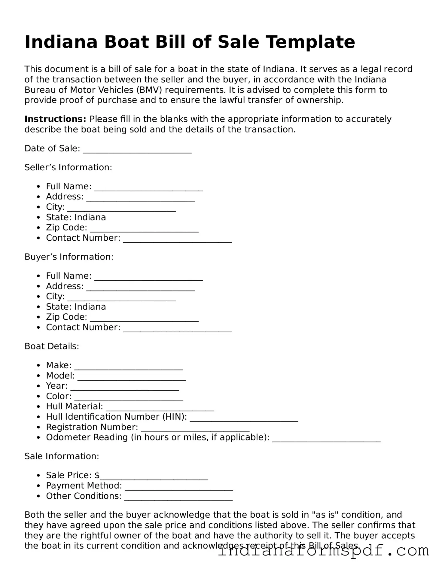 Official Indiana Boat Bill of Sale Template