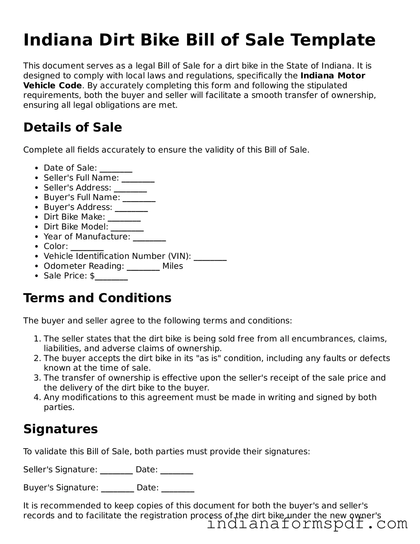 Official Indiana Dirt Bike Bill of Sale Template