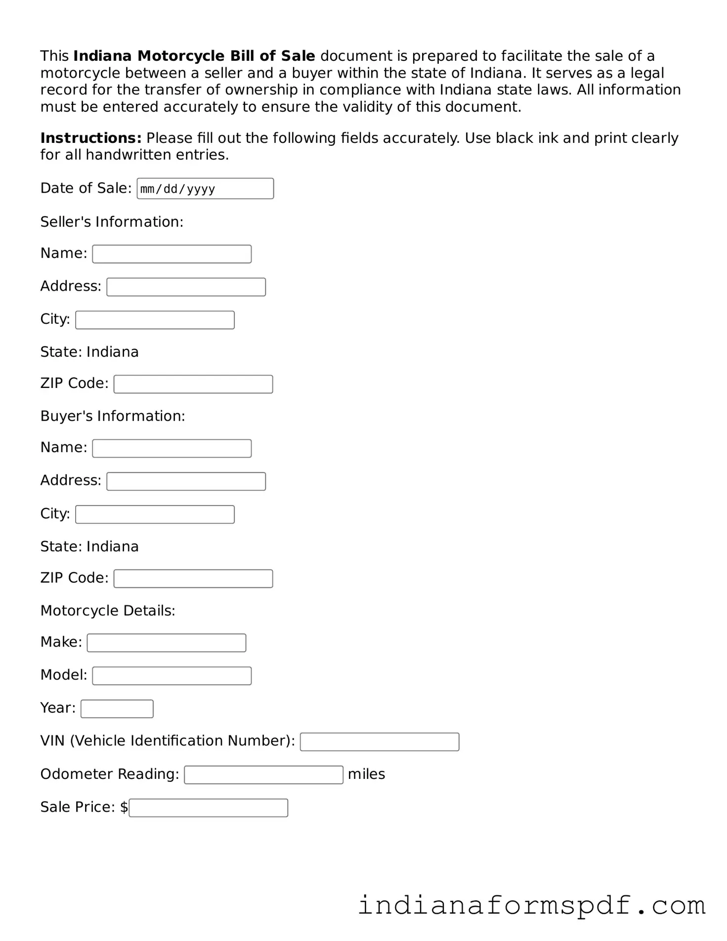 Official Indiana Motorcycle Bill of Sale Template