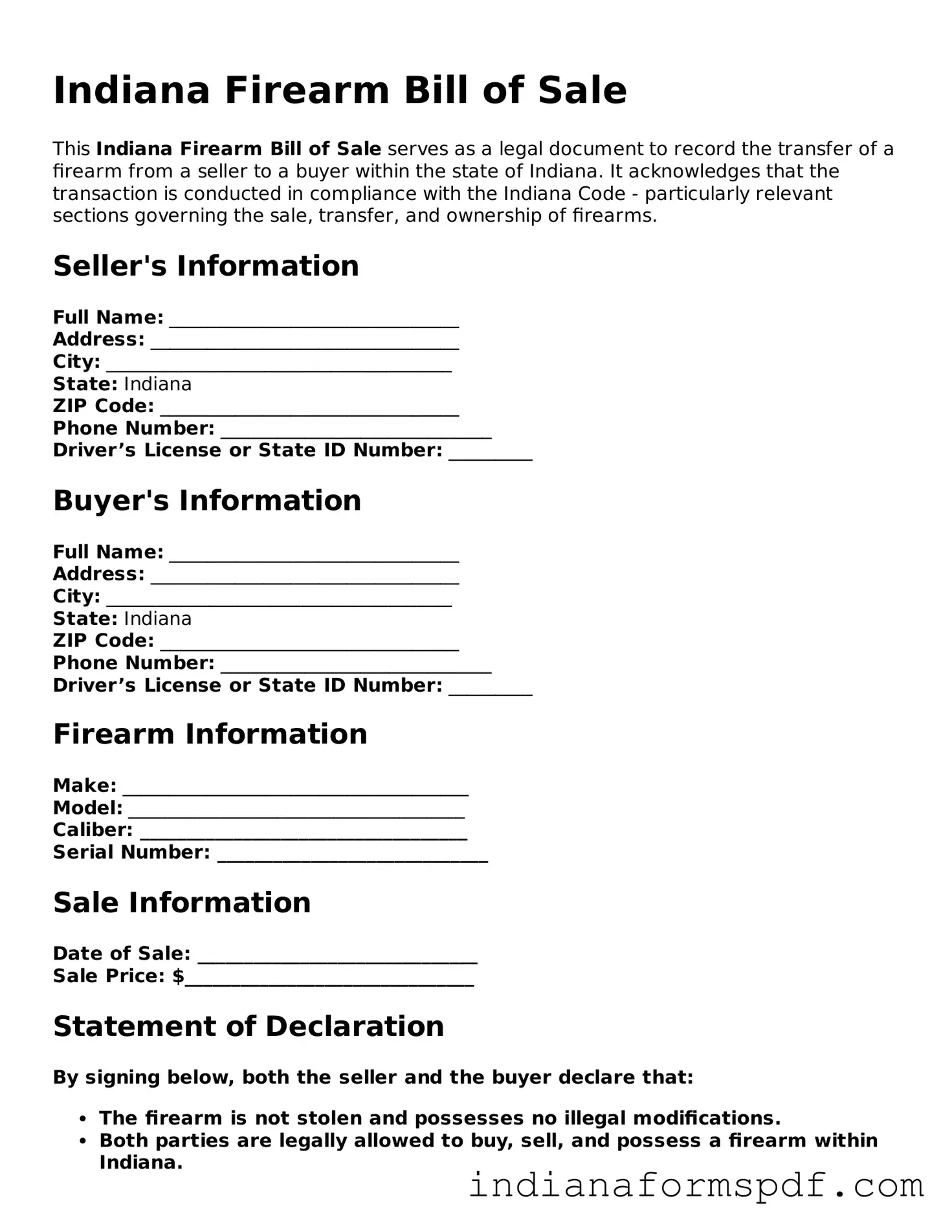 Official Indiana Firearm Bill of Sale Template