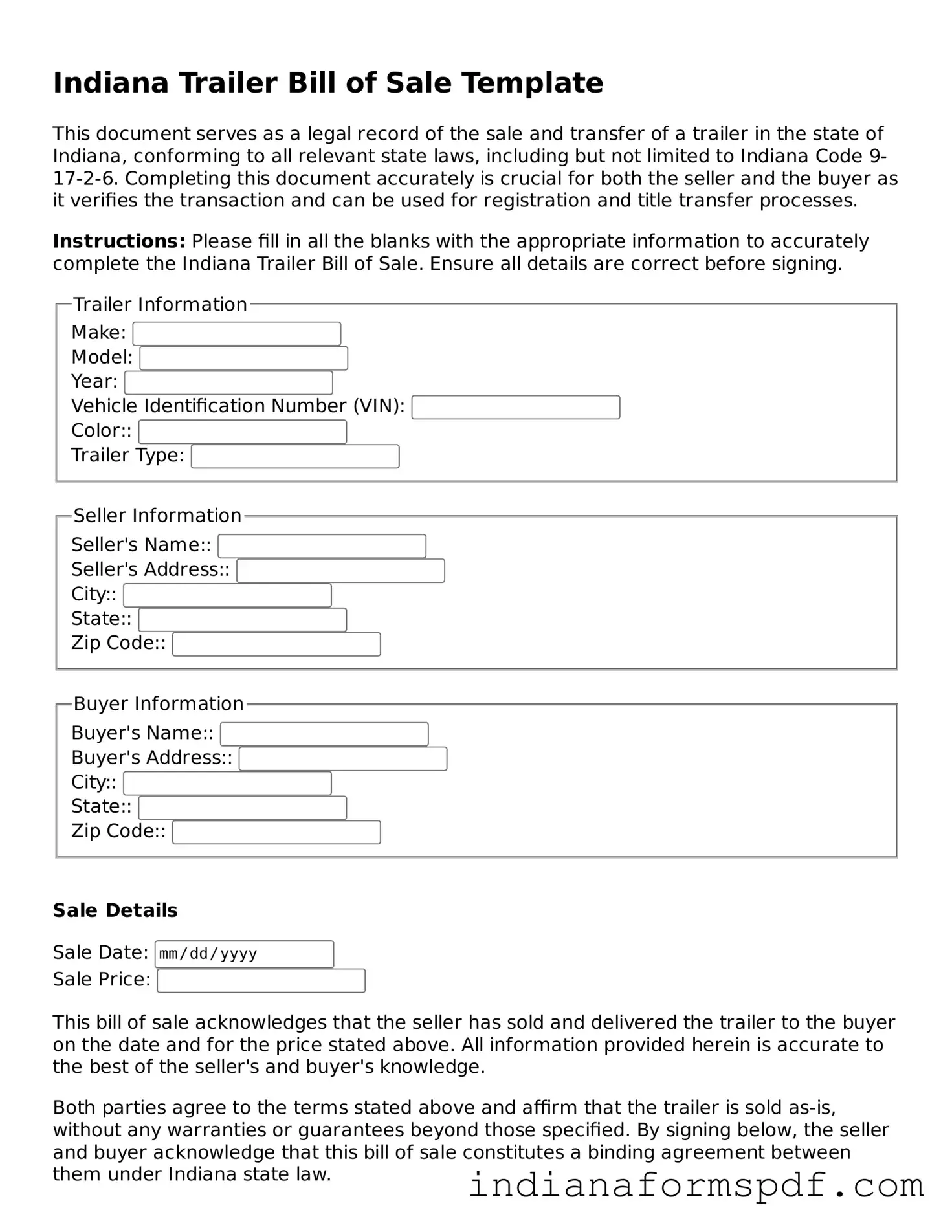 Official Indiana Trailer Bill of Sale Template