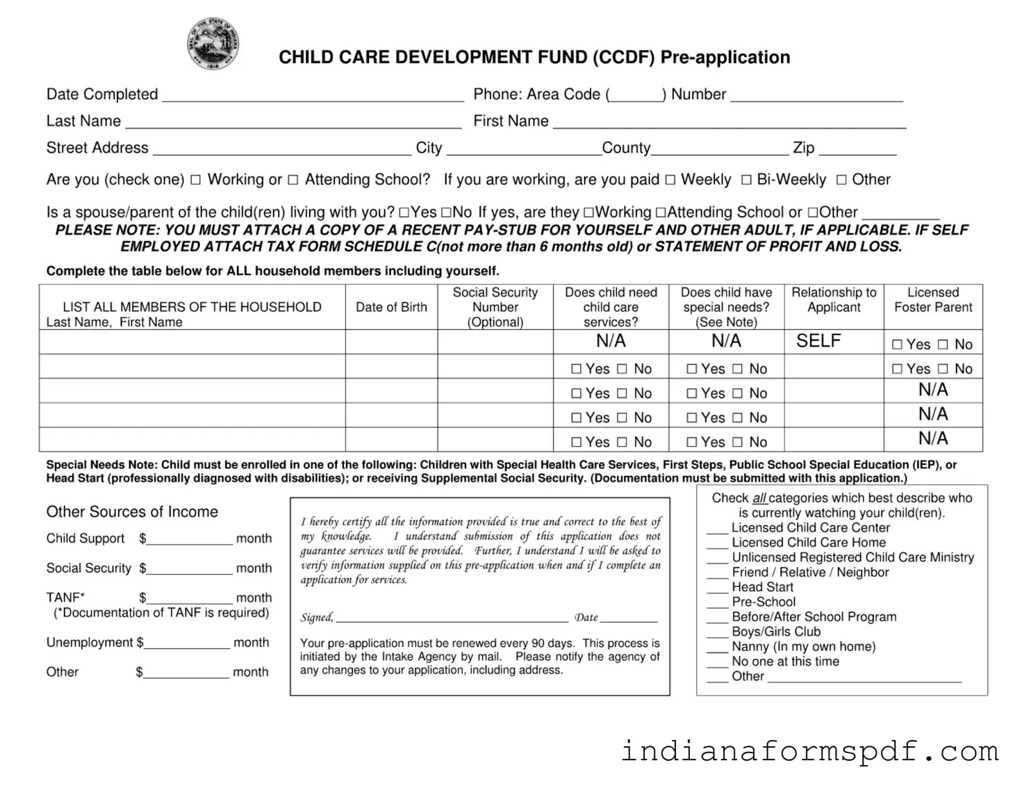 Indiana Ccdf Application PDF Form