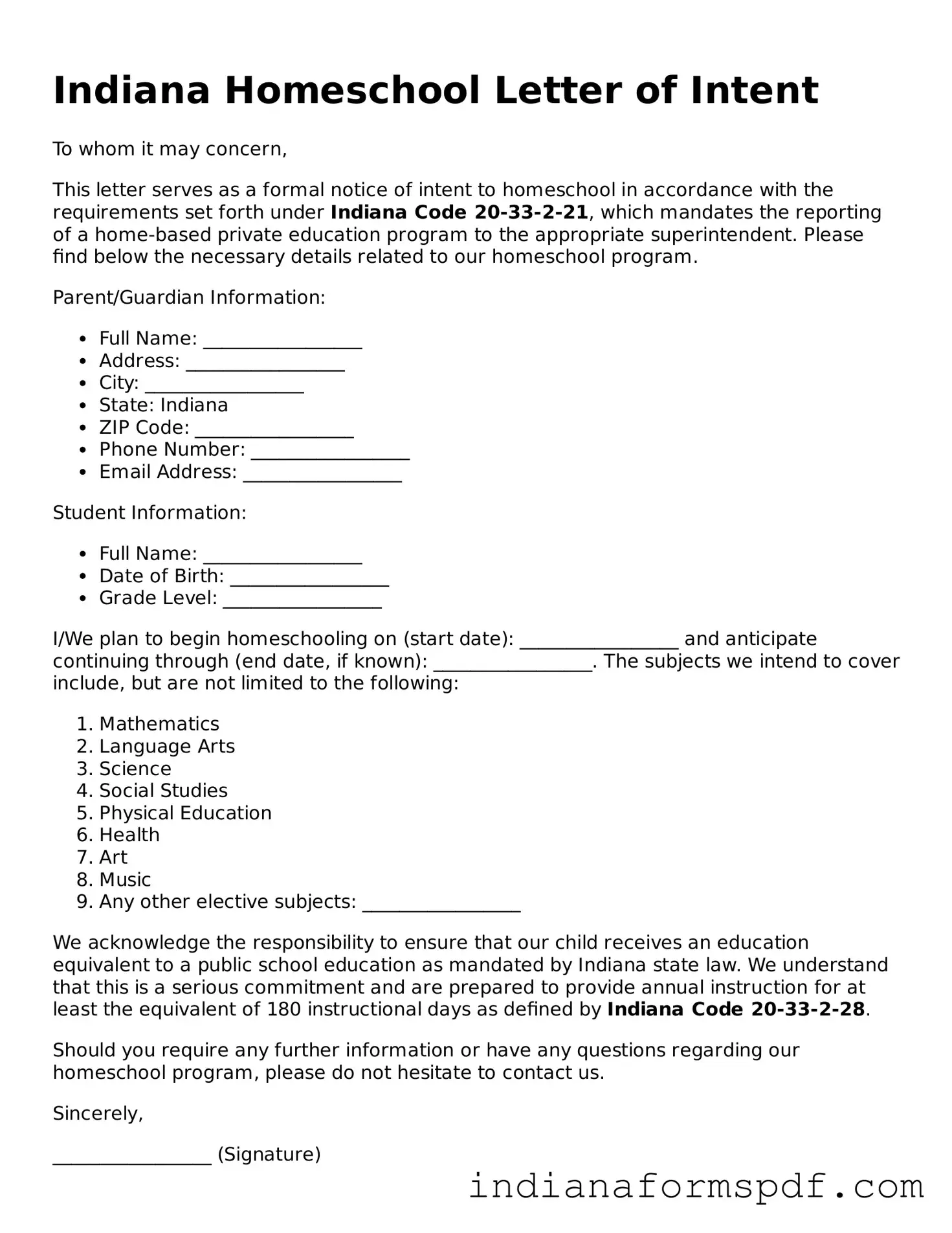 Official Indiana Homeschool Letter of Intent Template