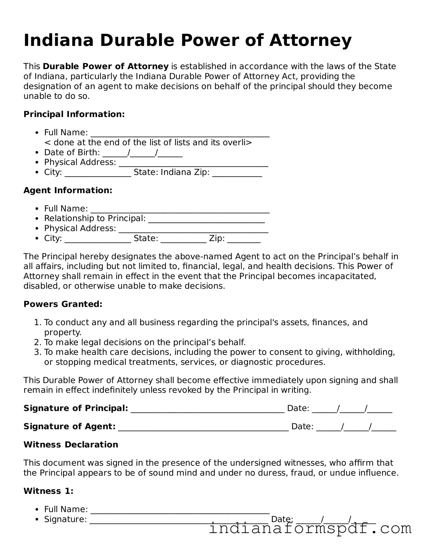 Official Indiana Durable Power of Attorney Template