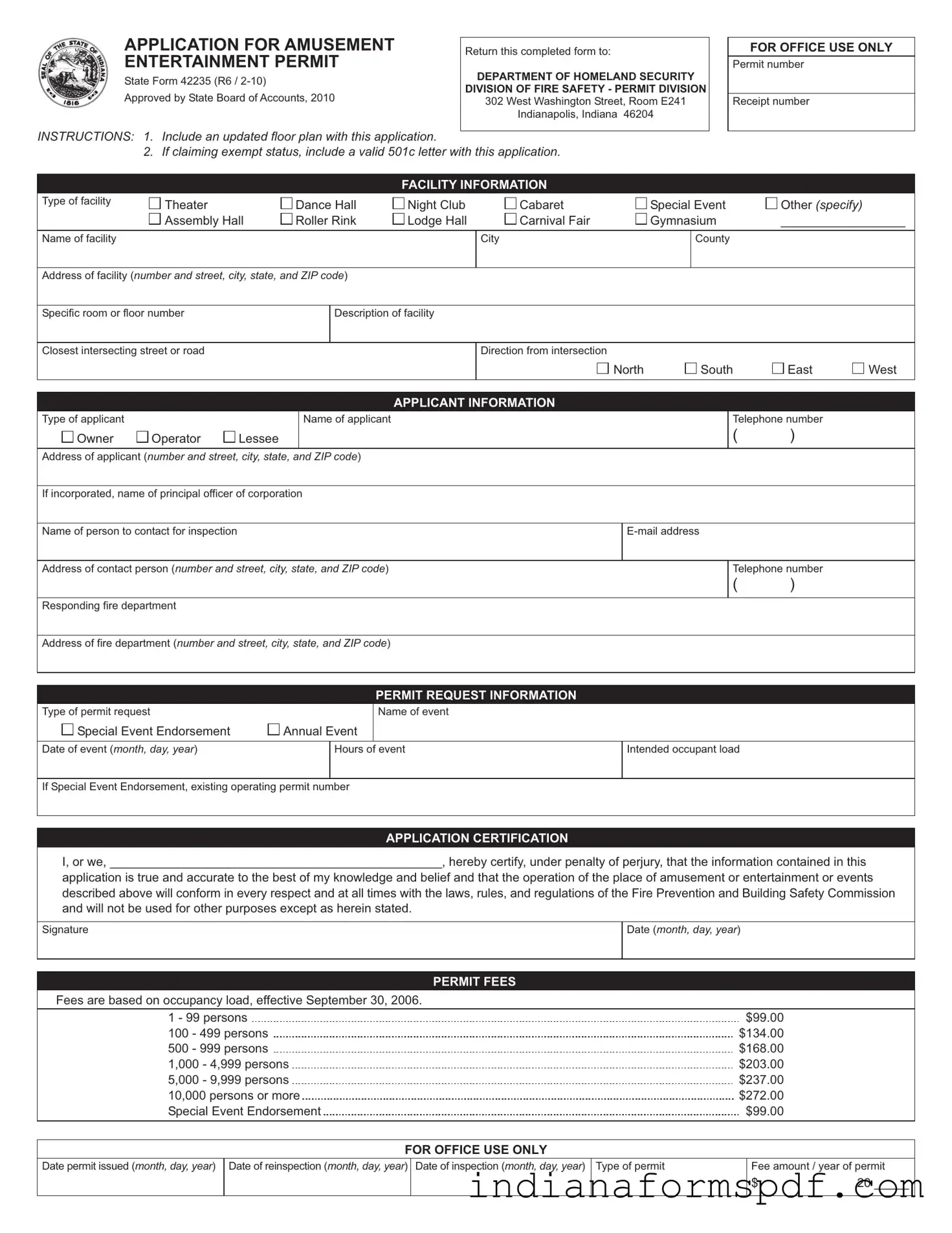Indiana Entertainment Permit PDF Form