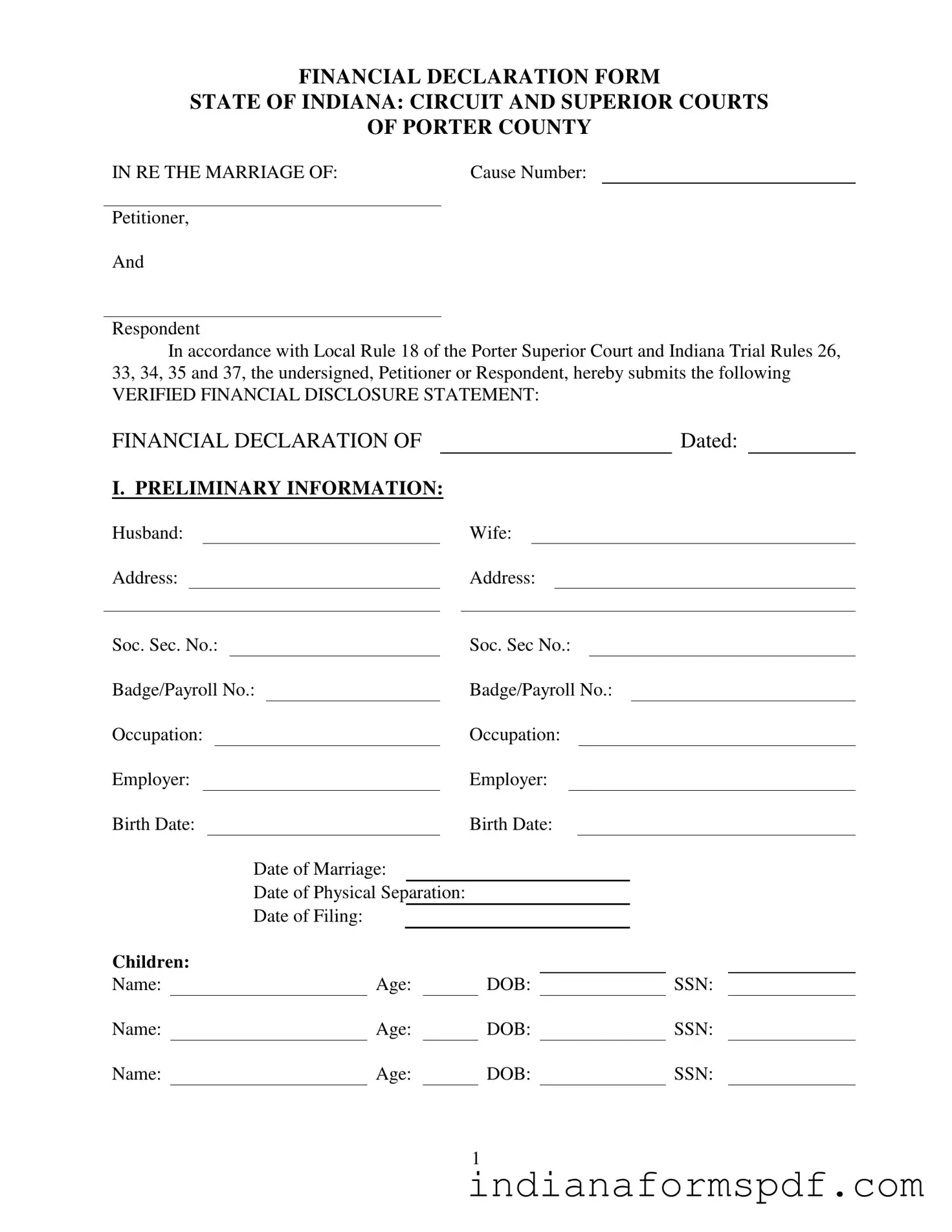 Indiana Financial PDF Form