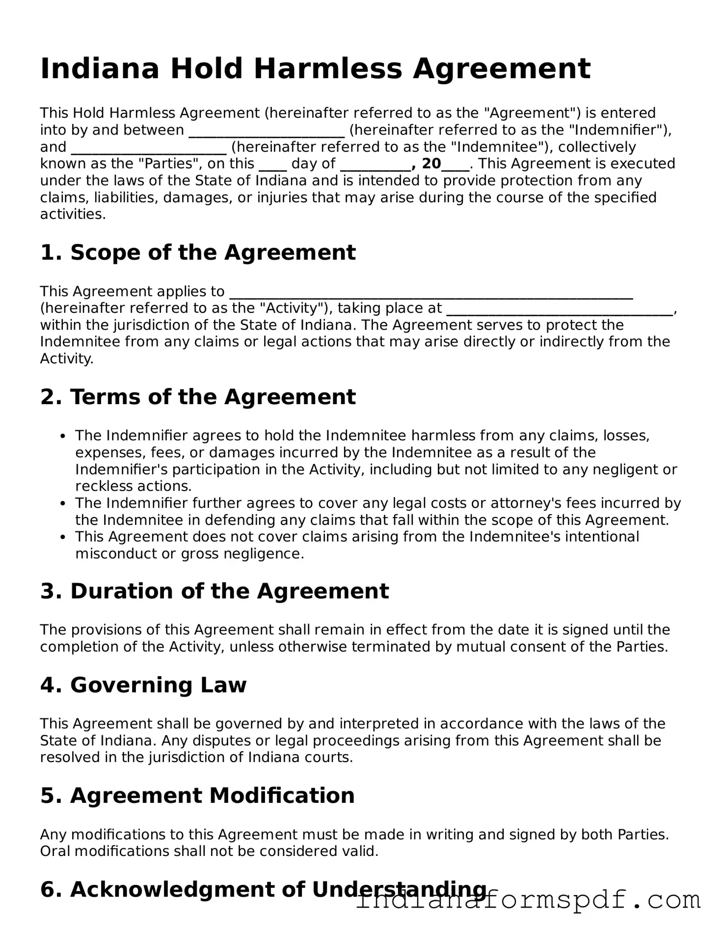 Official Indiana Hold Harmless Agreement Template