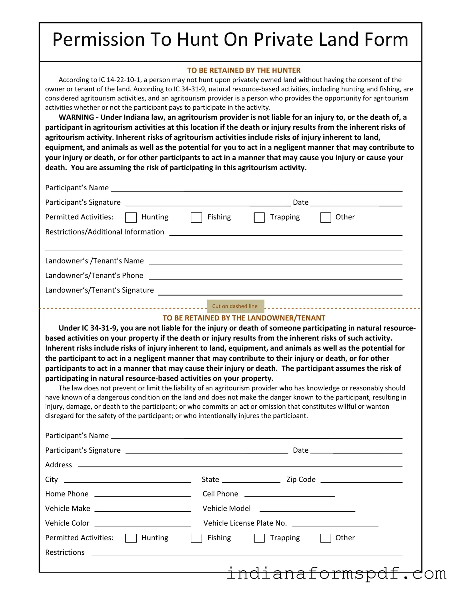 Indiana Hunting Permission PDF Form