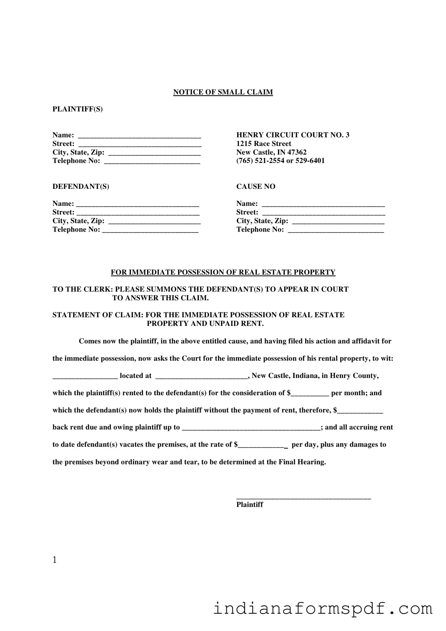 Indiana Immediate Possession PDF Form