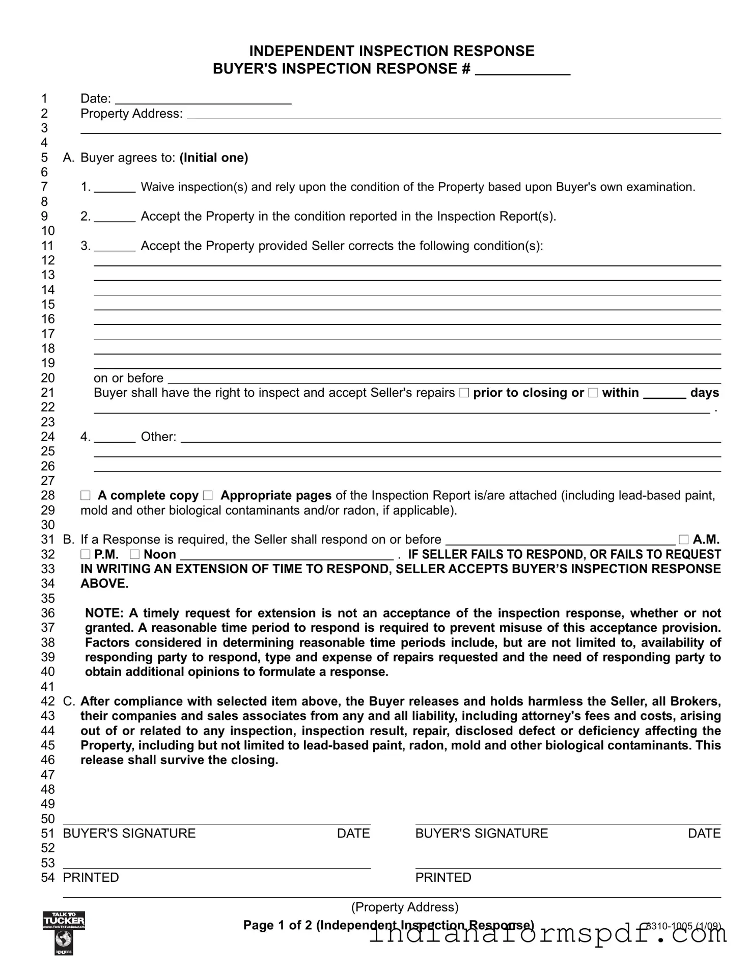 Indiana Inspection Response PDF Form
