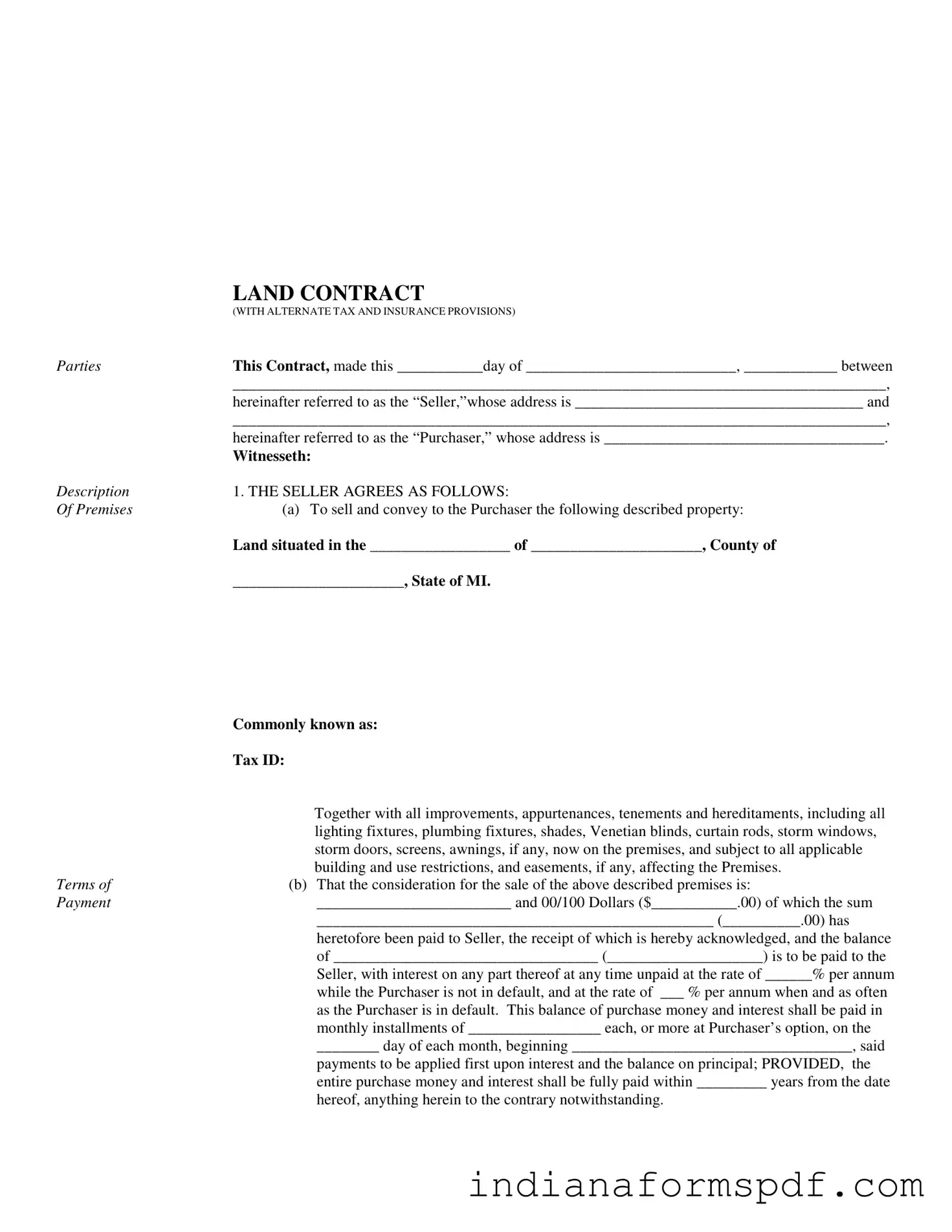 Indiana Land Contract Example PDF Form
