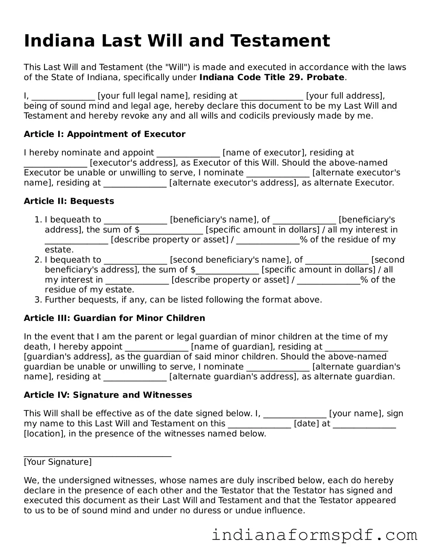 Official Indiana Last Will and Testament Template