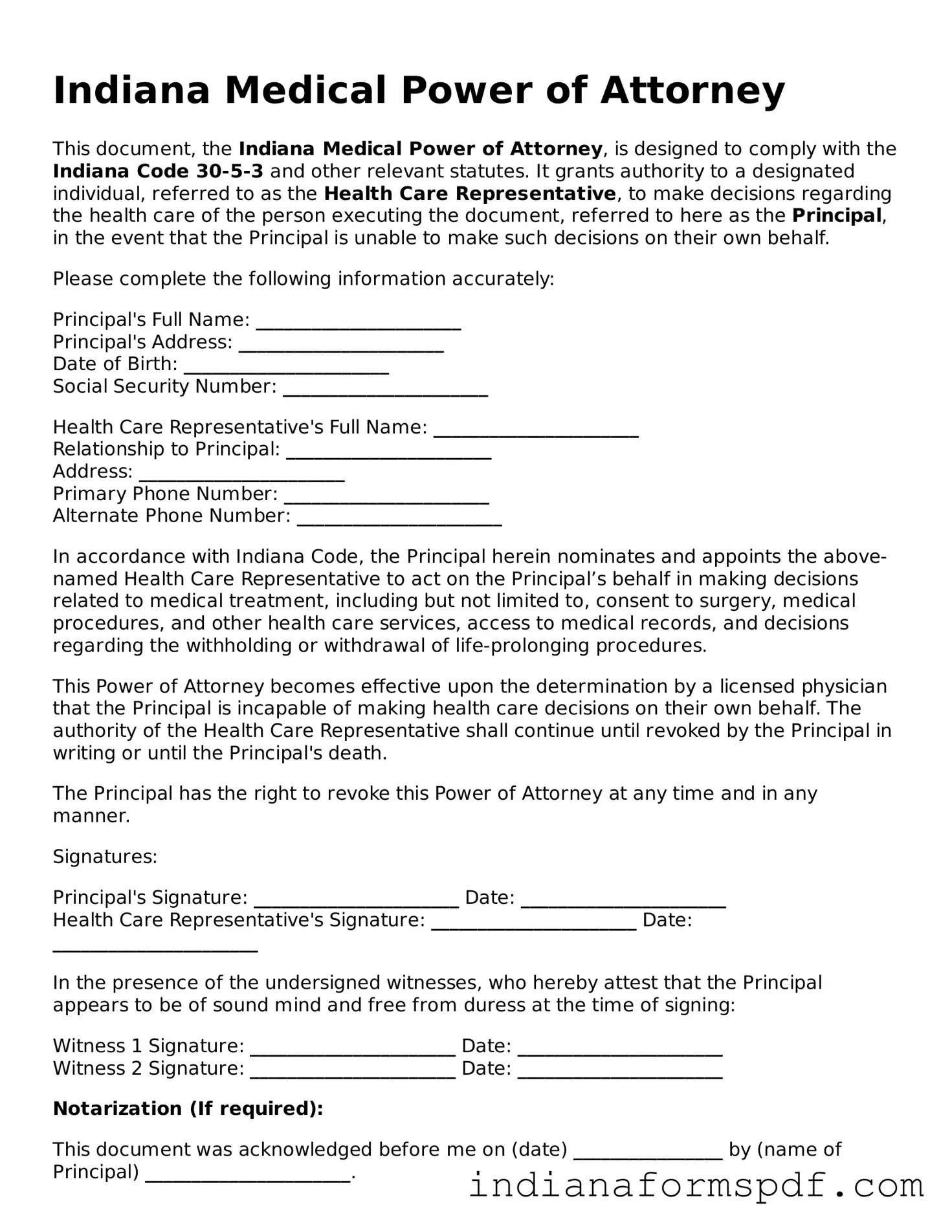 Official Indiana Medical Power of Attorney Template