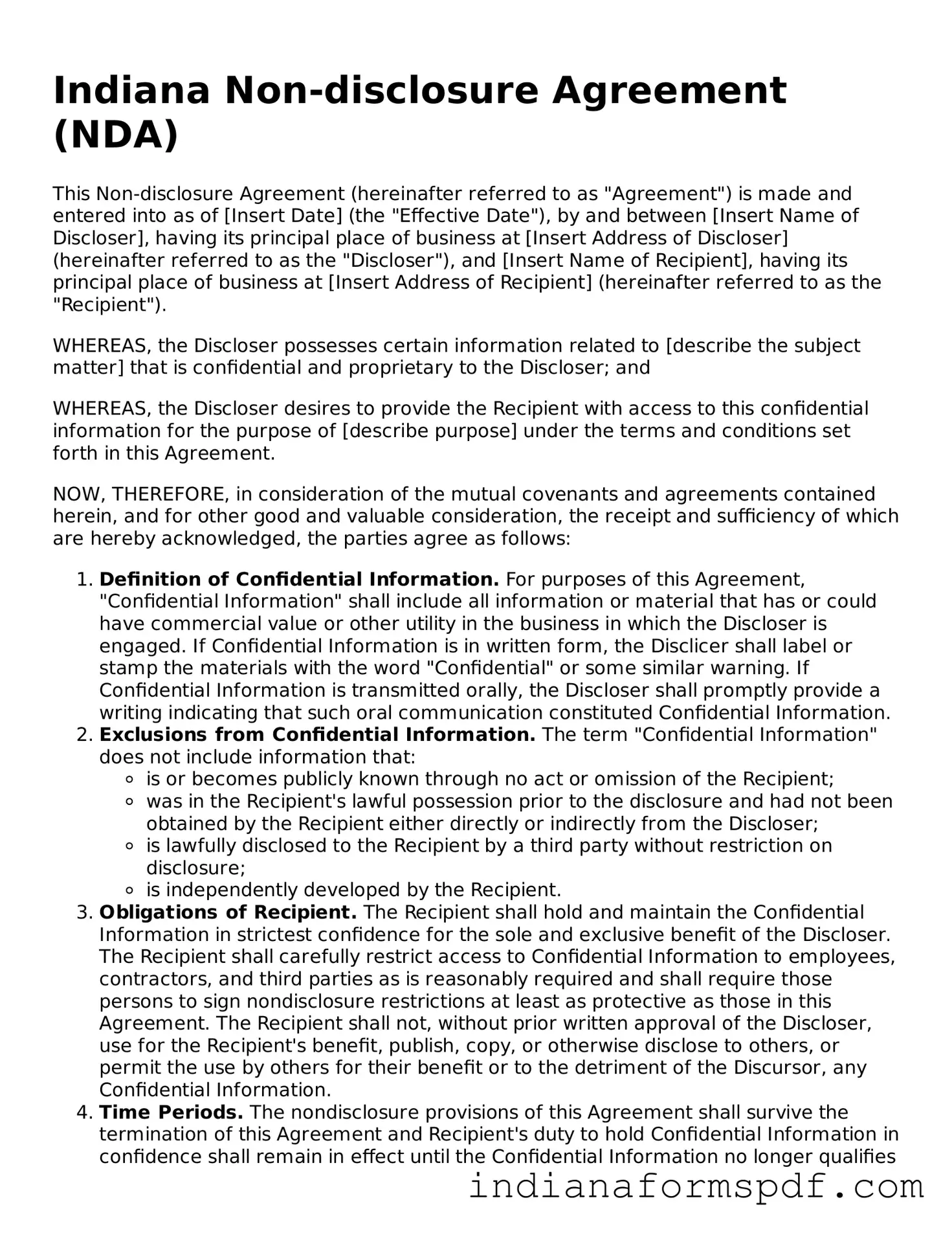 Official Indiana Non-disclosure Agreement Template