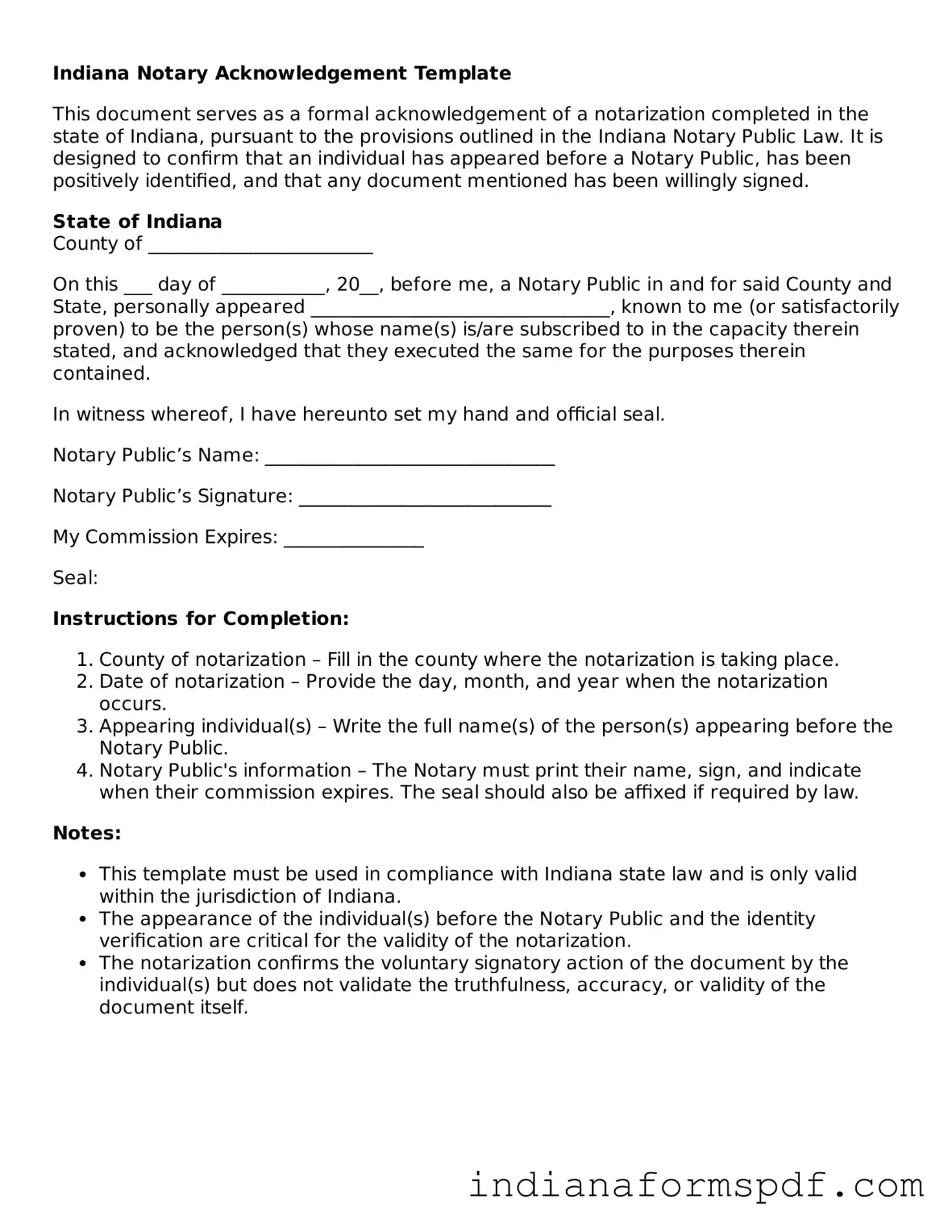 Official Indiana Notary Acknowledgement Template