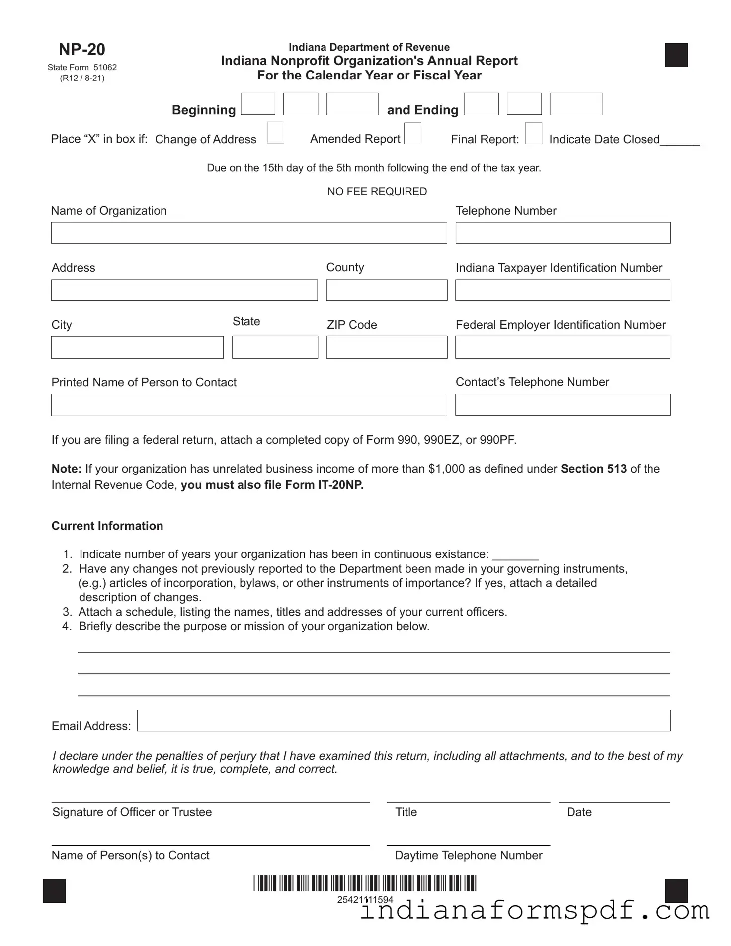 Indiana Np 20 PDF Form