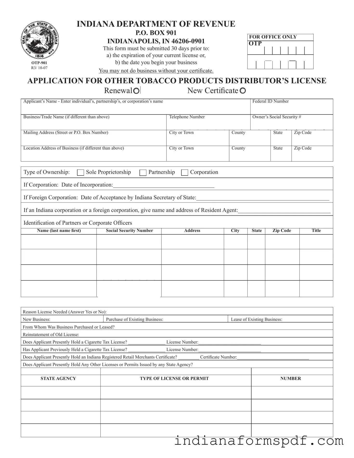 Indiana Otp 901 PDF Form