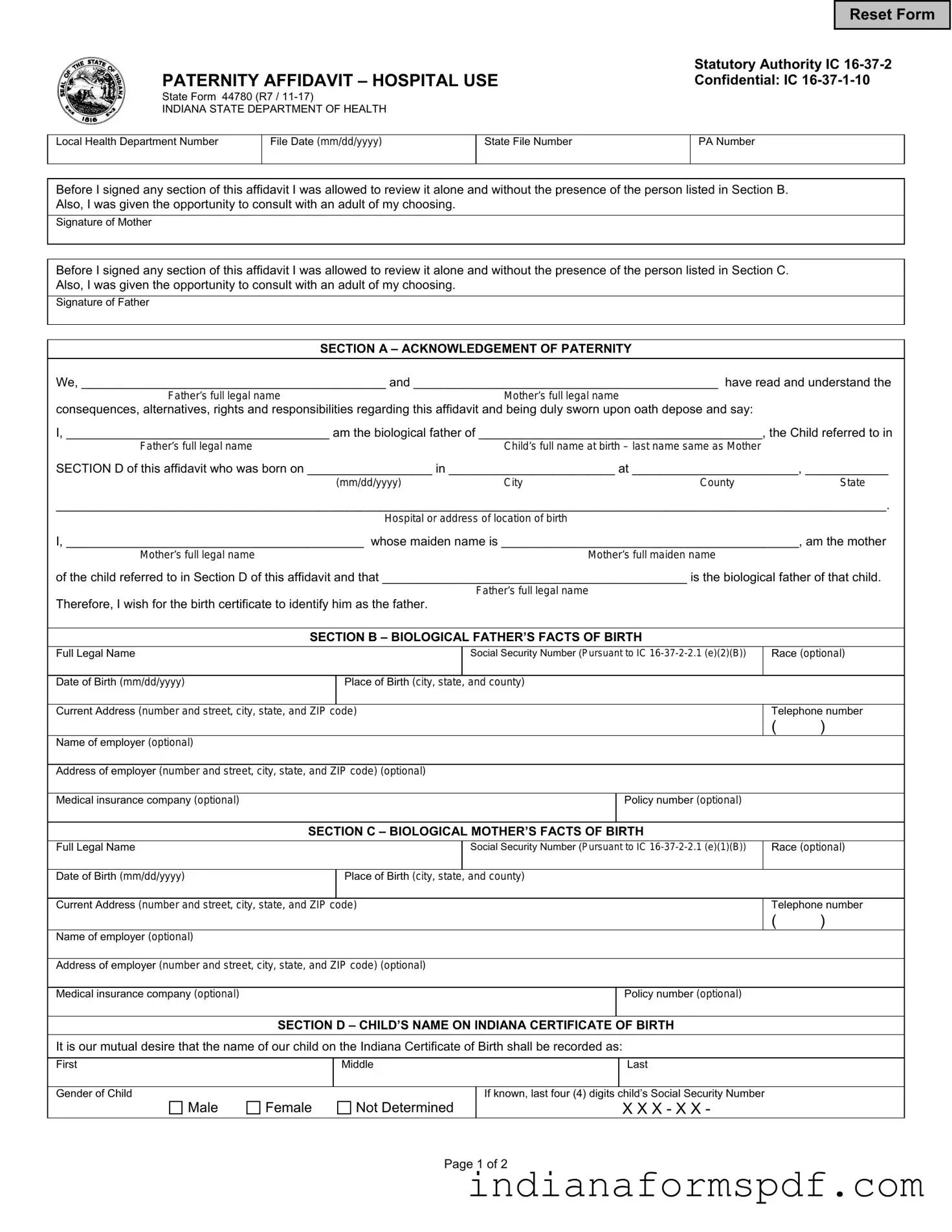 Indiana Paternity Affidavit 44780 PDF Form