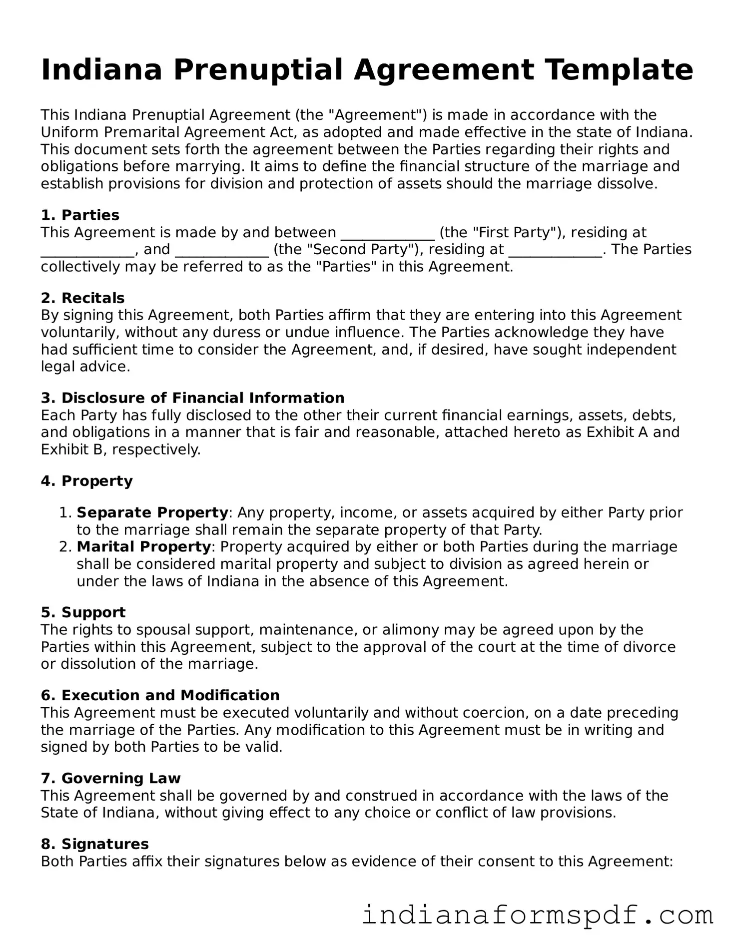 Official Indiana Prenuptial Agreement Template