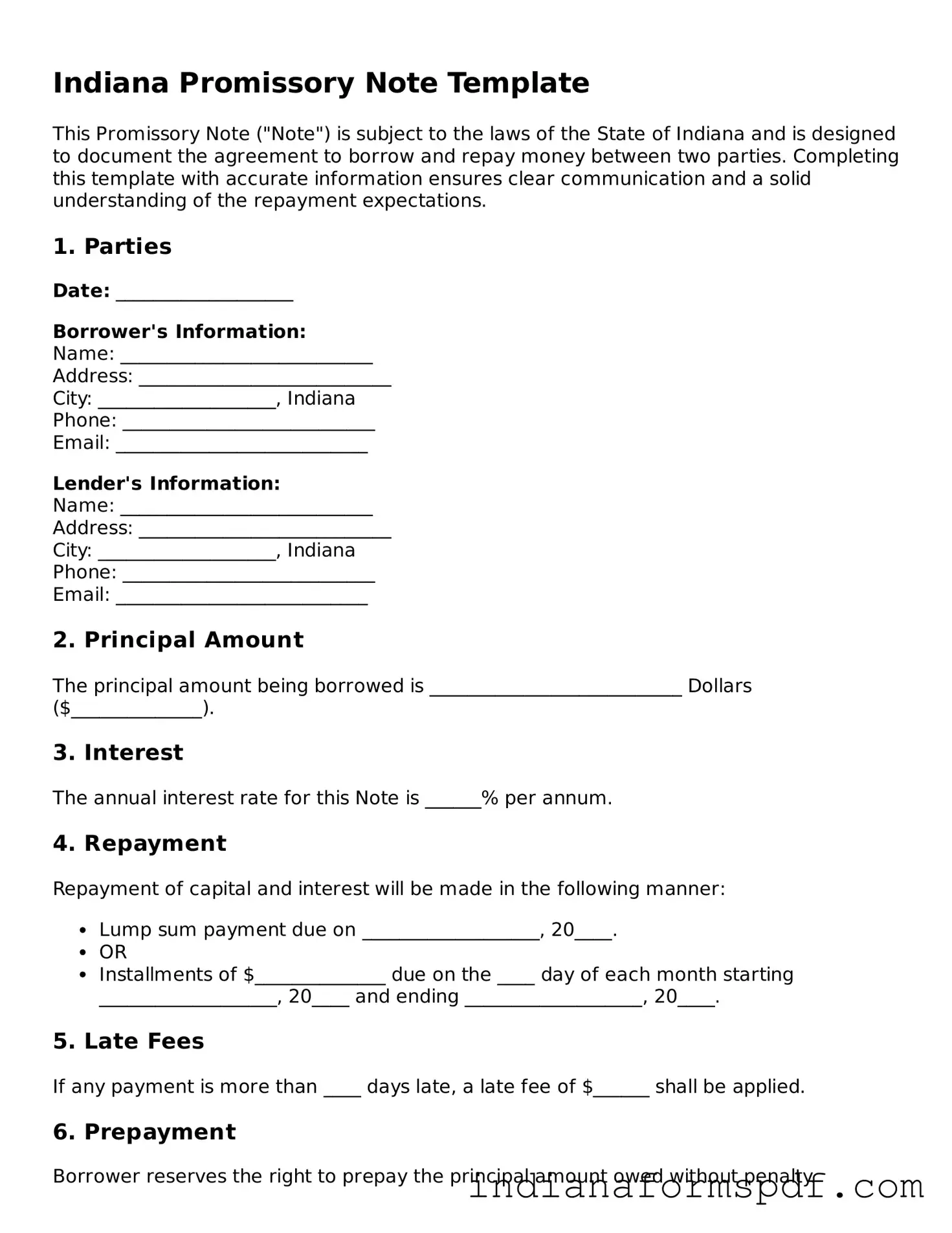 Official Indiana Promissory Note Template