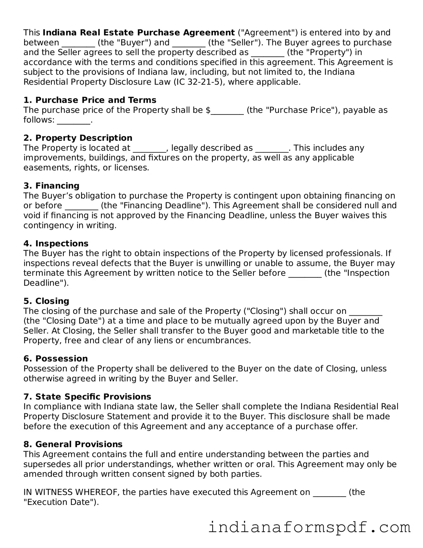 Official Indiana Real Estate Purchase Agreement Template