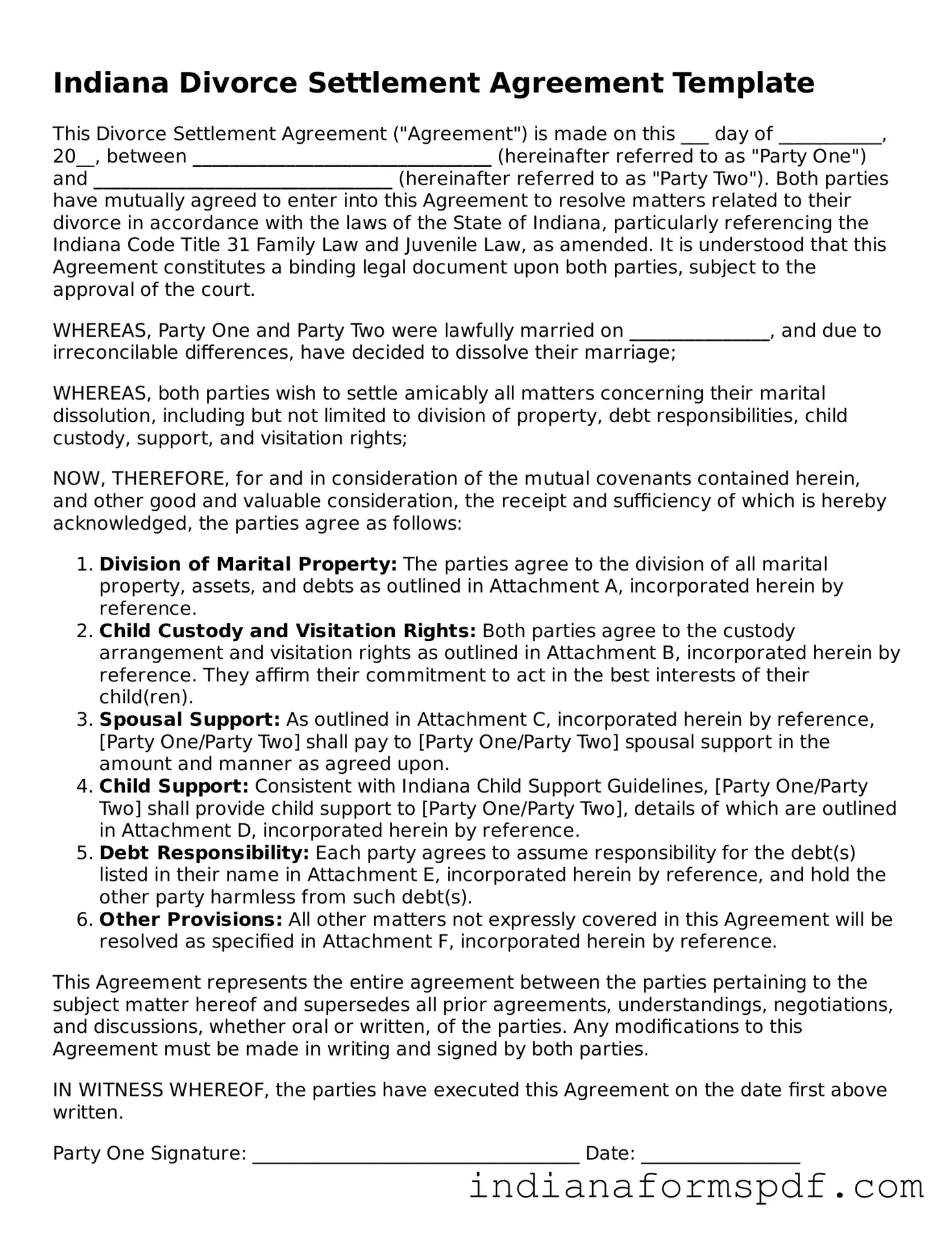 Official Indiana Divorce Settlement Agreement Template