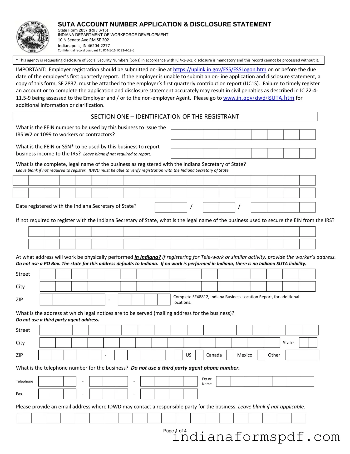 Indiana Sf 2837 PDF Form