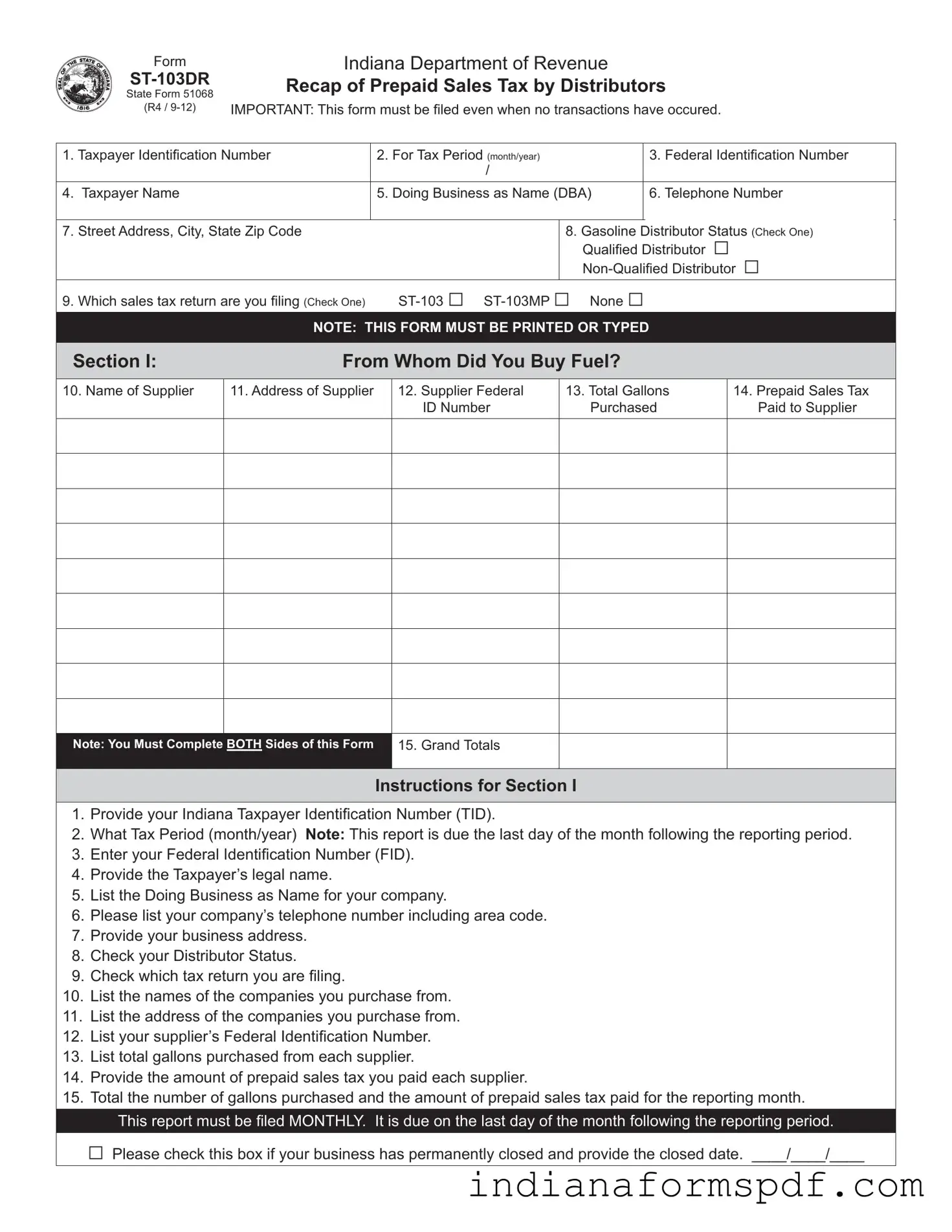 Indiana St 103Dr PDF Form