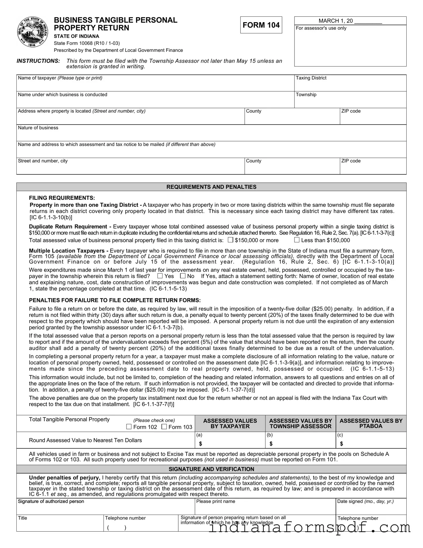 Indiana State 104 PDF Form