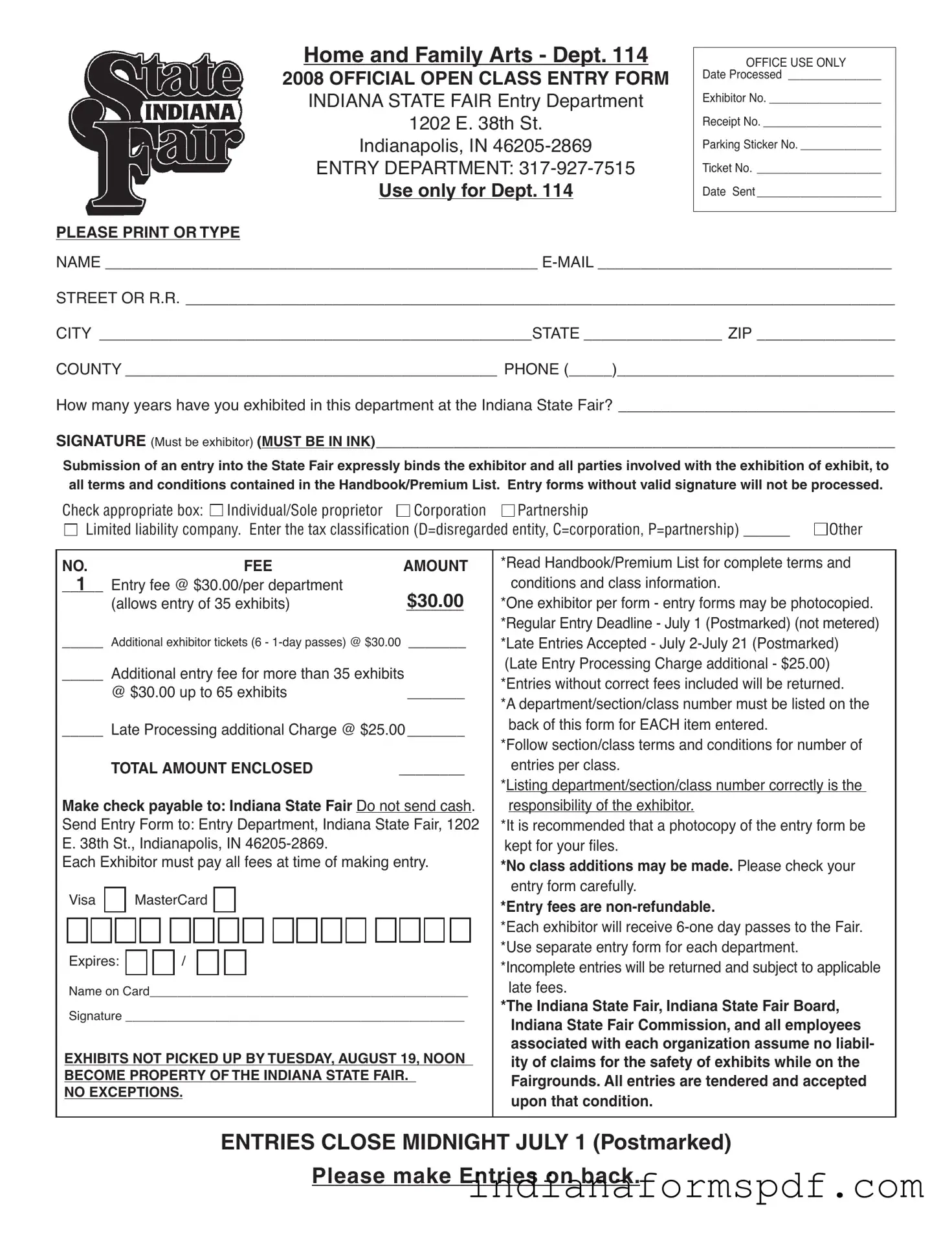 Indiana State Fair Entry PDF Form