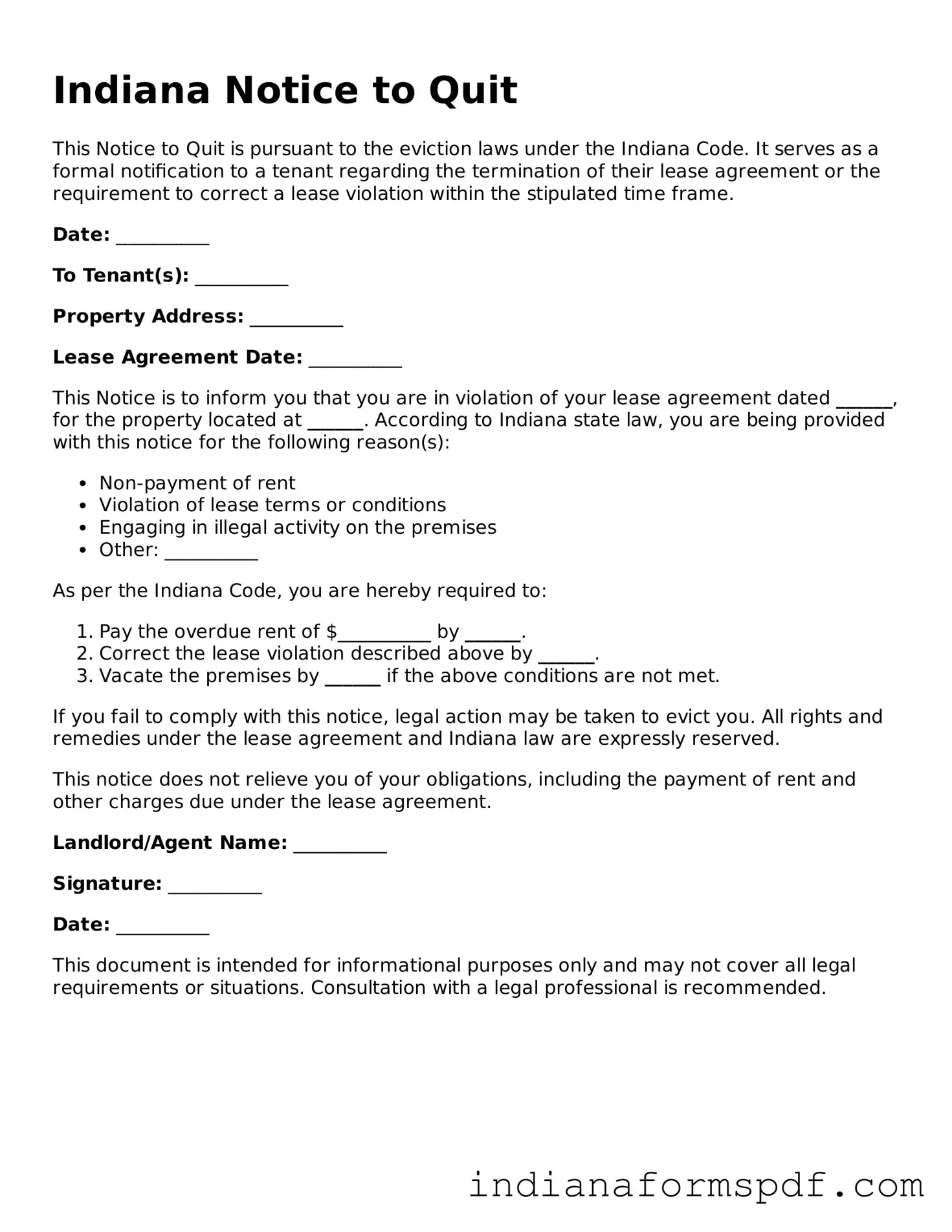 Official Indiana Notice to Quit Template