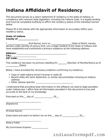 Official Indiana Affidavit of Residency Template