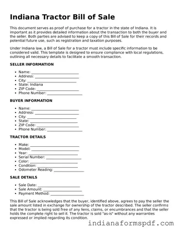 Official Indiana Tractor Bill of Sale Template