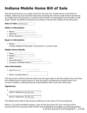 Official Indiana Mobile Home Bill of Sale Template
