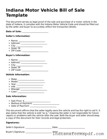 Official Indiana Motor Vehicle Bill of Sale Template