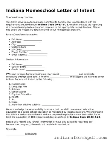 Official Indiana Homeschool Letter of Intent Template
