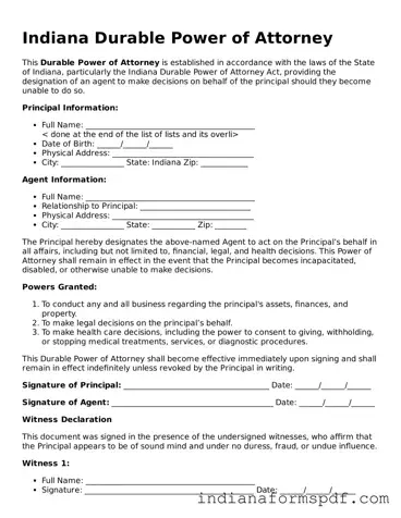 Official Indiana Durable Power of Attorney Template