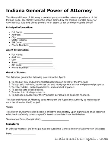 Official Indiana General Power of Attorney Template