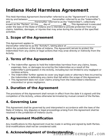 Official Indiana Hold Harmless Agreement Template