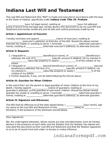 Official Indiana Last Will and Testament Template