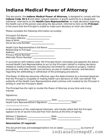 Official Indiana Medical Power of Attorney Template