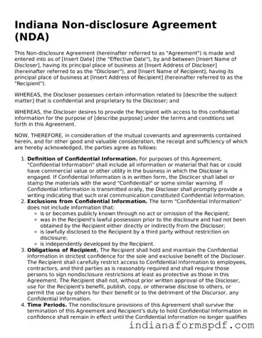 Official Indiana Non-disclosure Agreement Template
