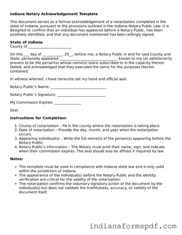 Official Indiana Notary Acknowledgement Template