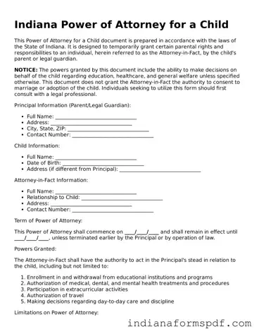 Official Indiana Power of Attorney for a Child Template