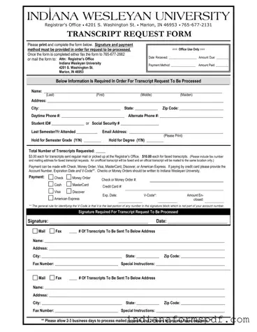 Indiana Transcript Request PDF Form