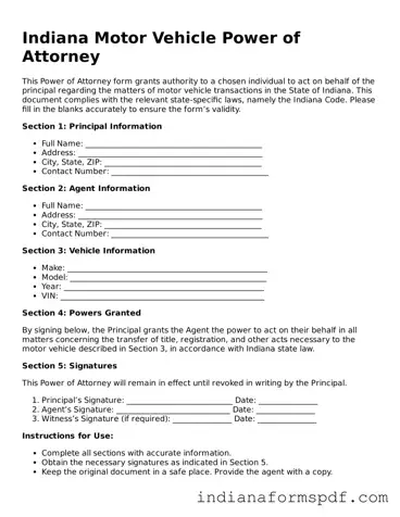 Official Indiana Motor Vehicle Power of Attorney Template