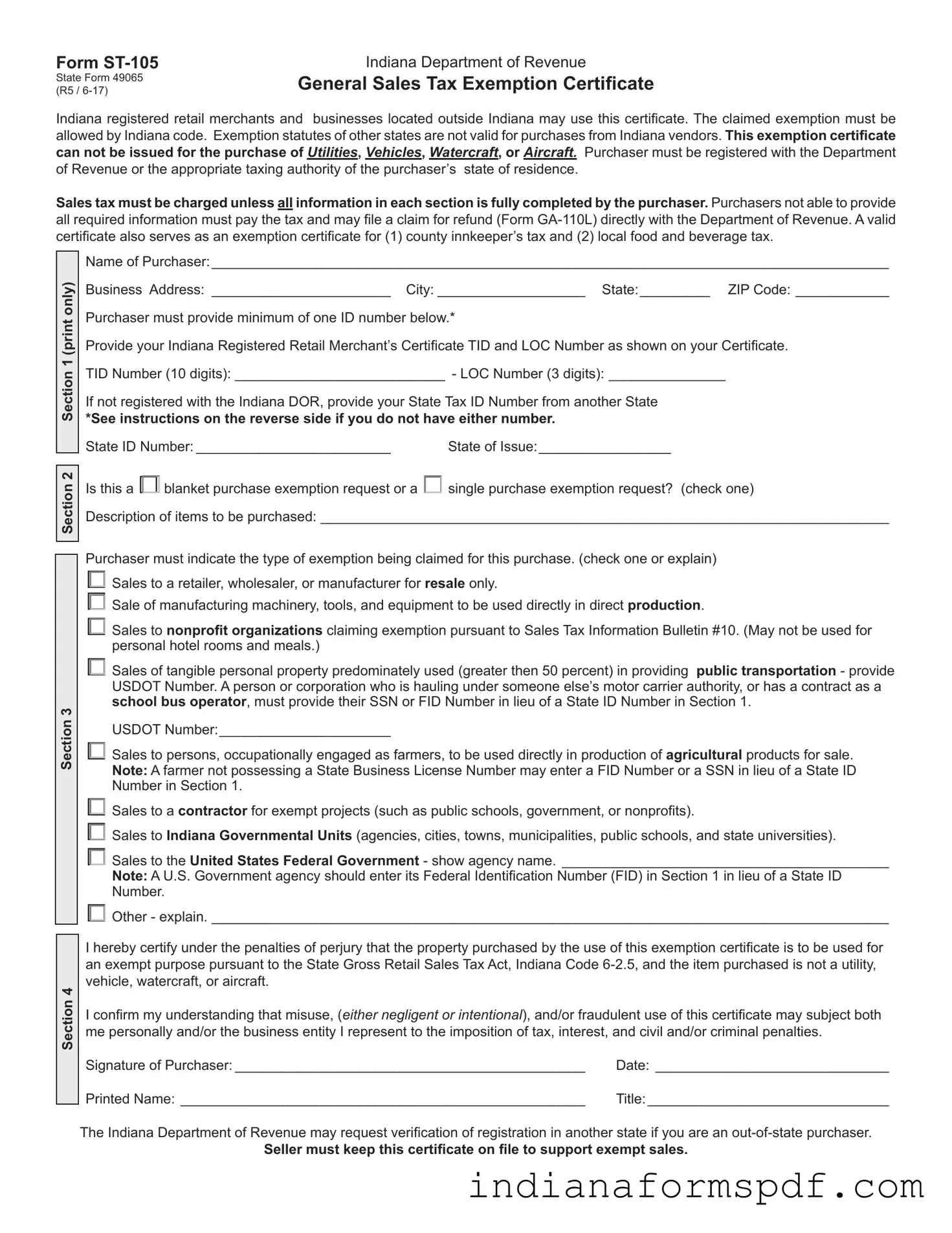 St 105 Indiana PDF Form