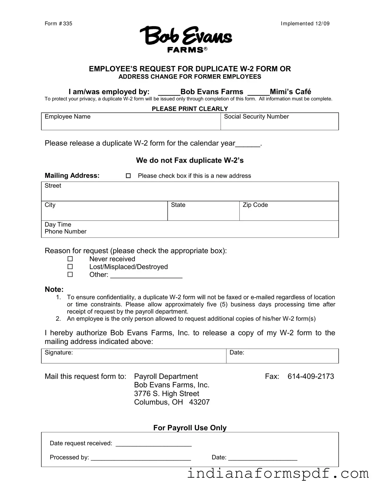 W2 Bob Evans Indianapolis PDF Form